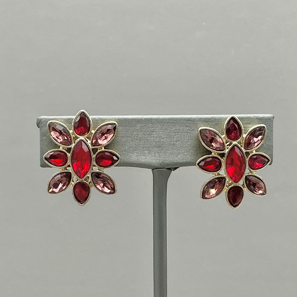 Monet Earrings Women Red Pink Gold Tone Marquise Rhinestone Flower Clip On